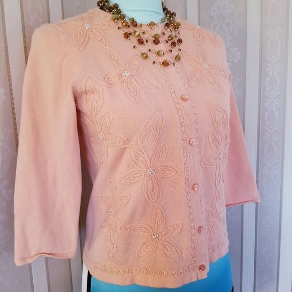Embroidered Flower Beads Cardigan Sweater Orange S - Picture 2 of 5